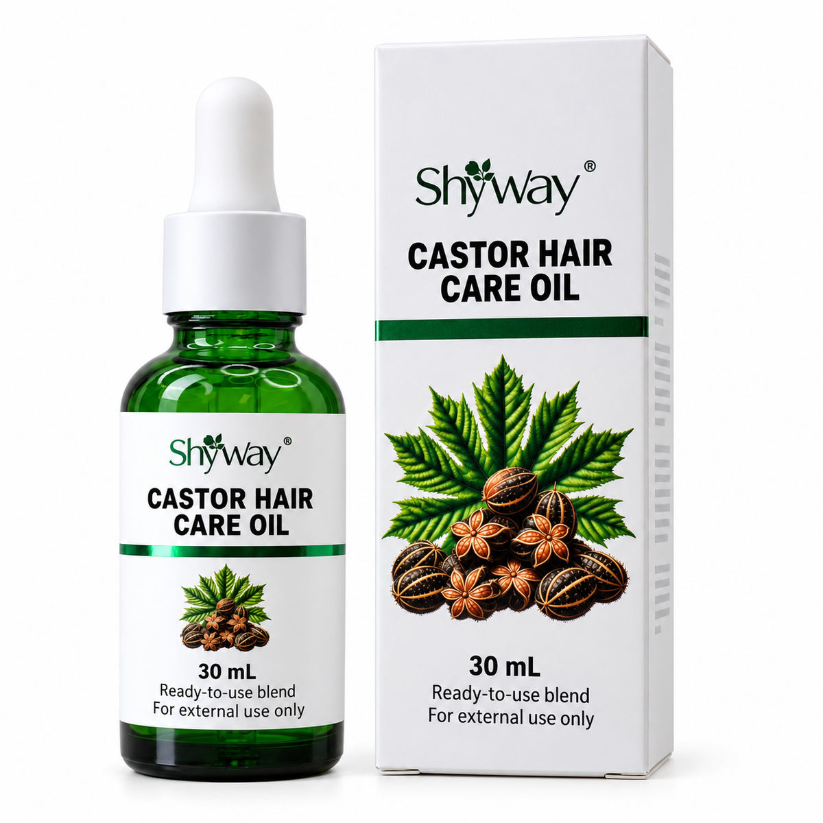 SHYWAY castor 30 mL ready-to-use hair-care blend; packaging illustration