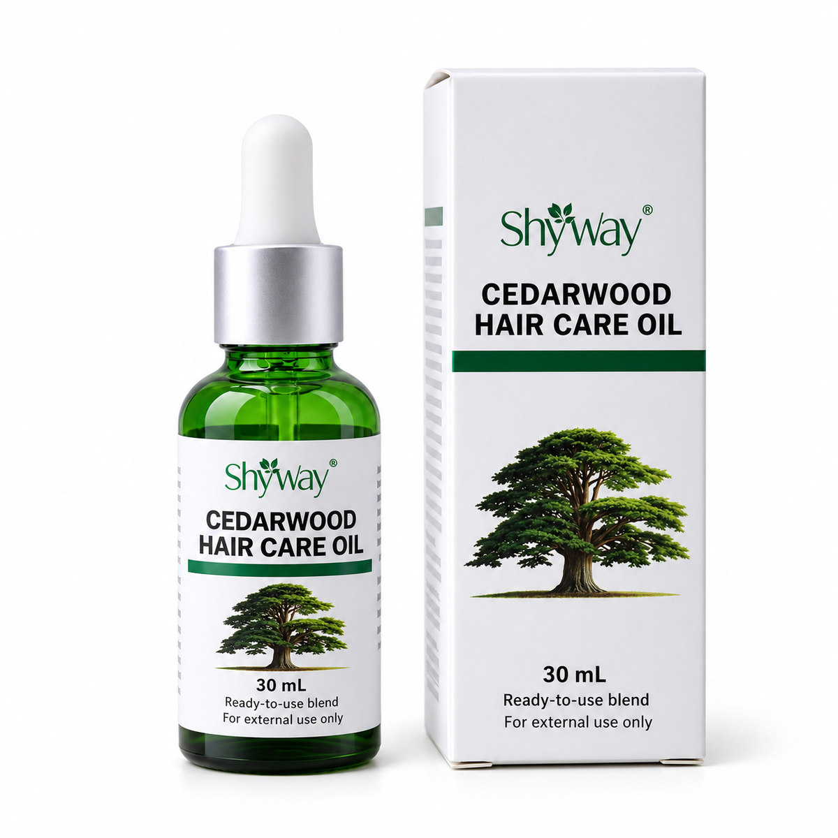 SHYWAY cedarwood 30 mL ready-to-use hair-care blend; packaging illustration