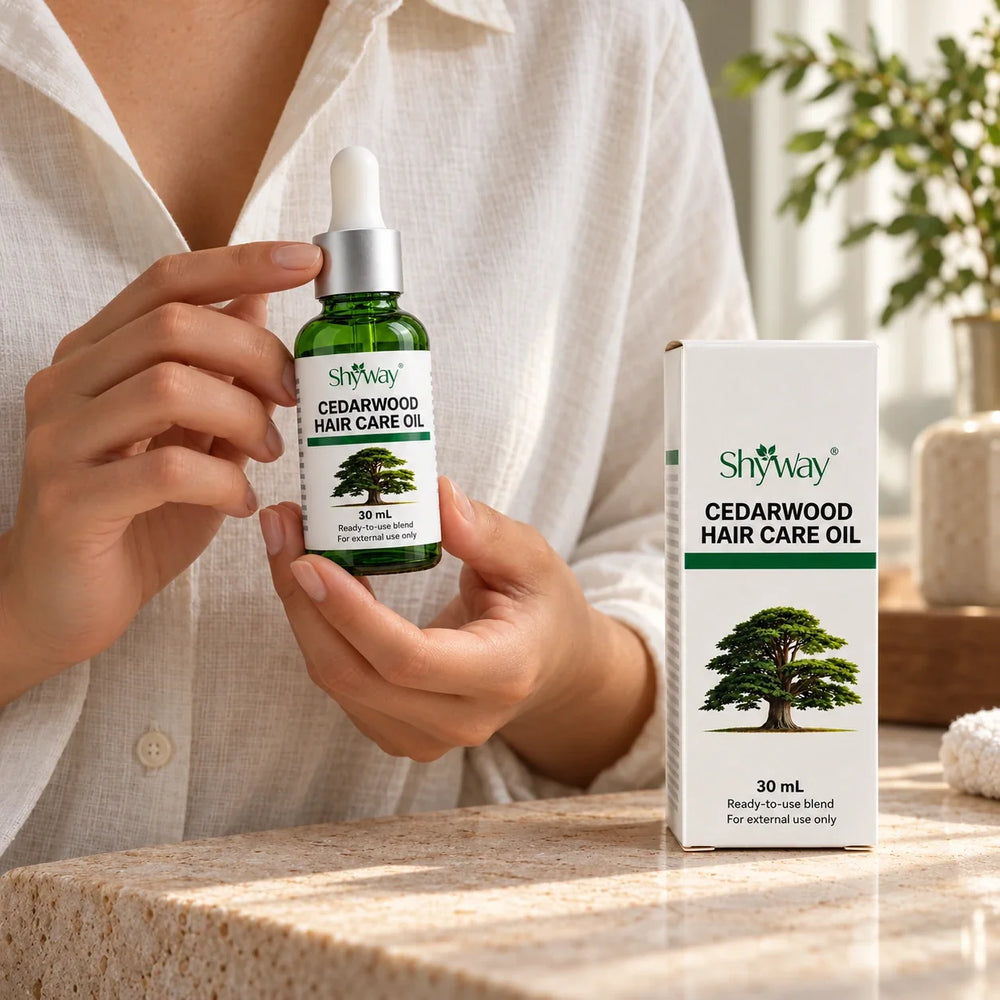 SHYWAY cedarwood Hair Care Oil, 30 mL — illustrative adult-held product presentation; packaging illustration; props not included