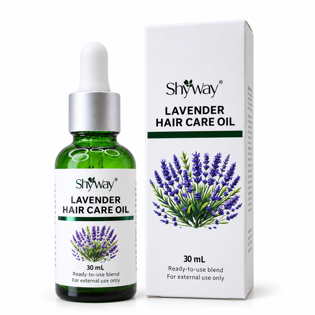 SHYWAY lavender 30 mL ready-to-use hair-care blend; packaging illustration