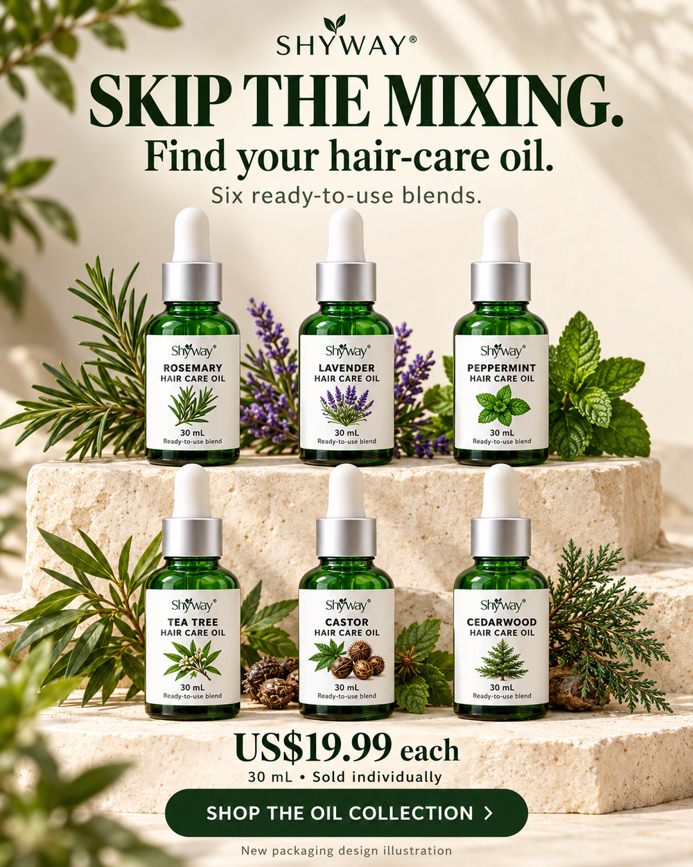 Six SHYWAY ready-to-use hair-care oils, 30 mL each; sold individually; updated packaging design illustration