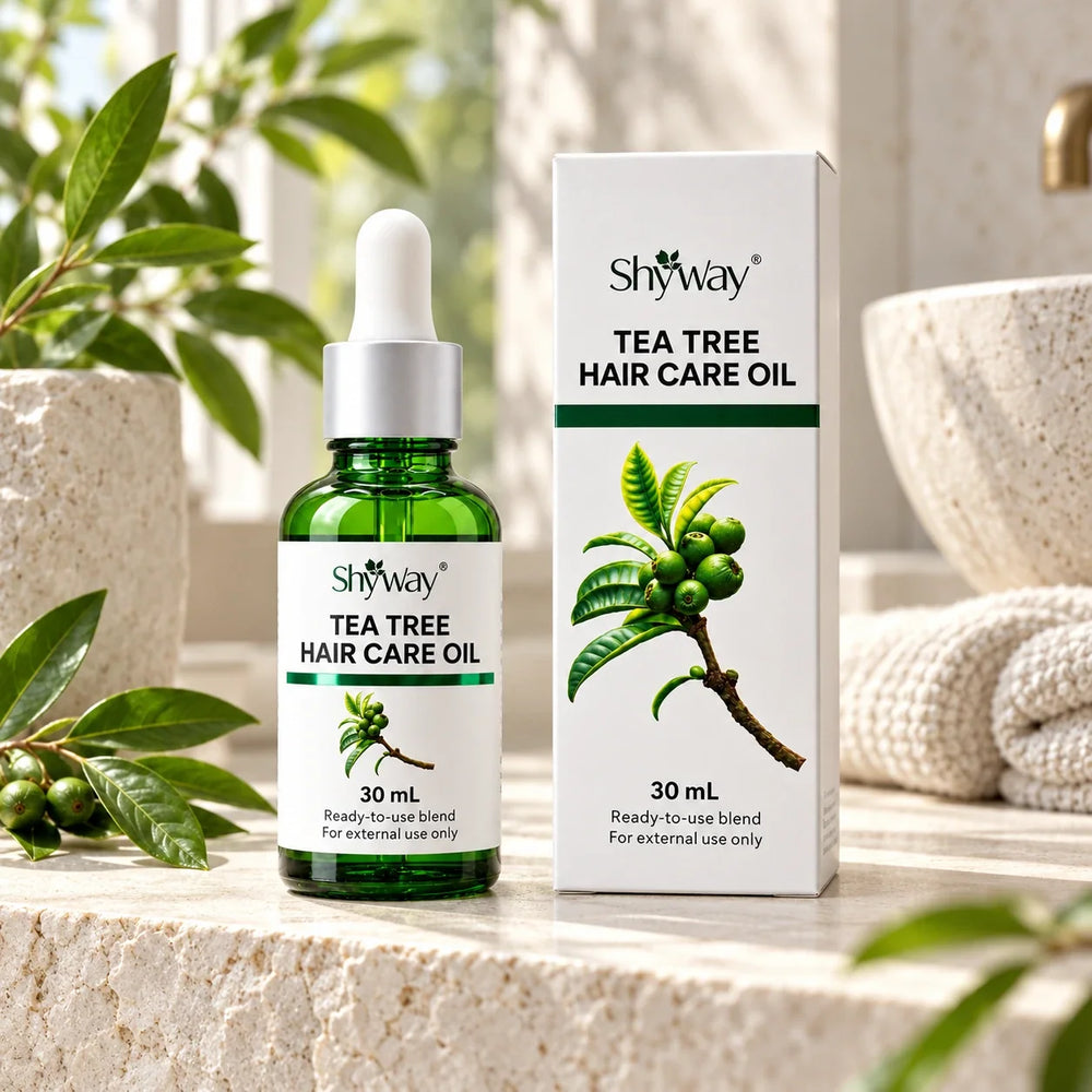 SHYWAY tea tree Hair Care Oil, 30 mL ready-to-use blend — botanical setting; packaging design illustration