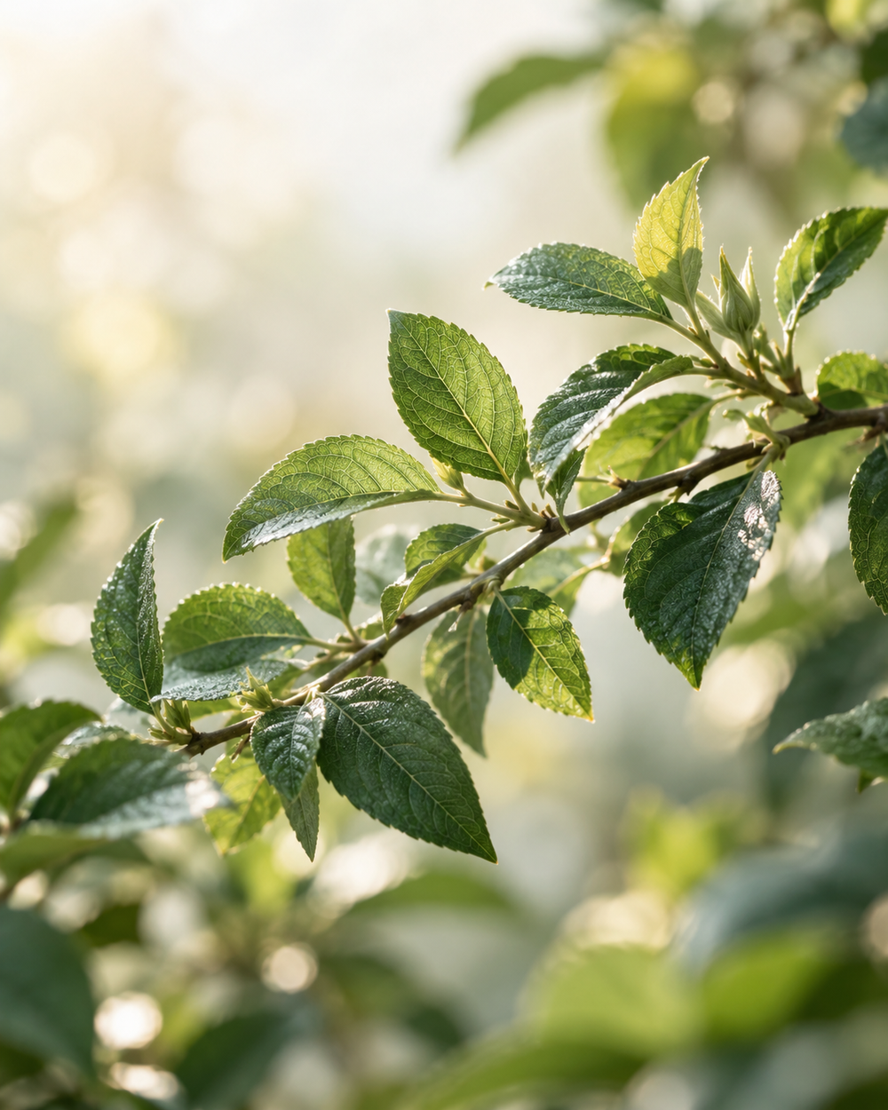 AI-generated botanical study of green leaves in soft morning light