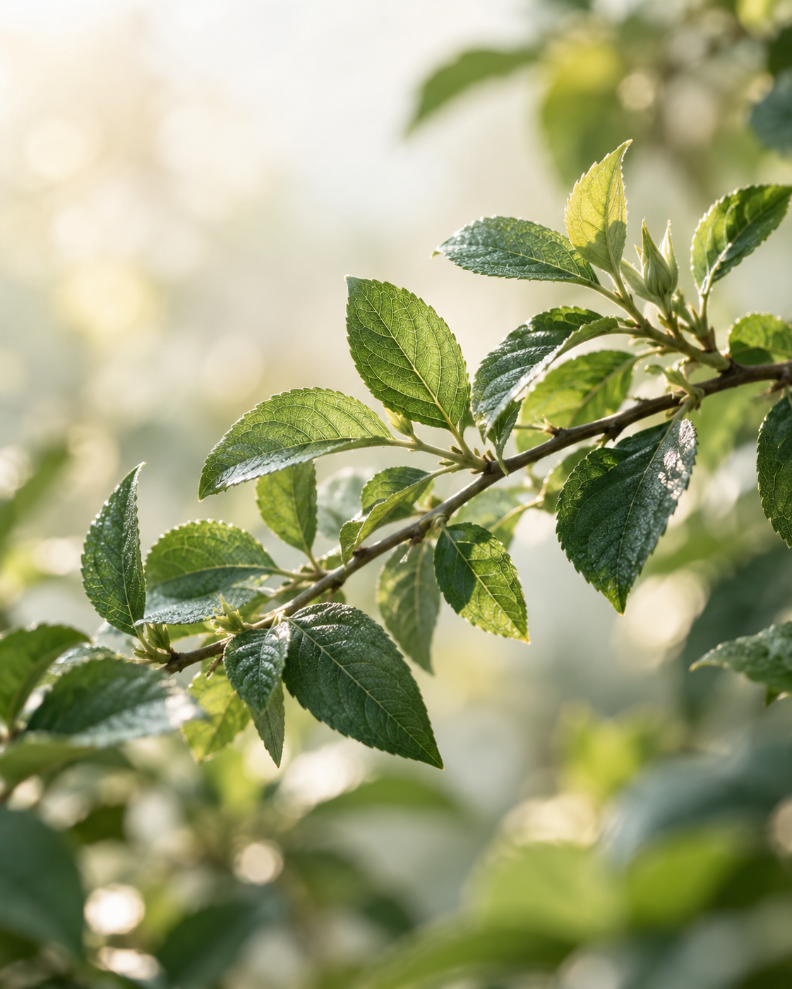 AI-generated botanical study of green leaves in soft morning light