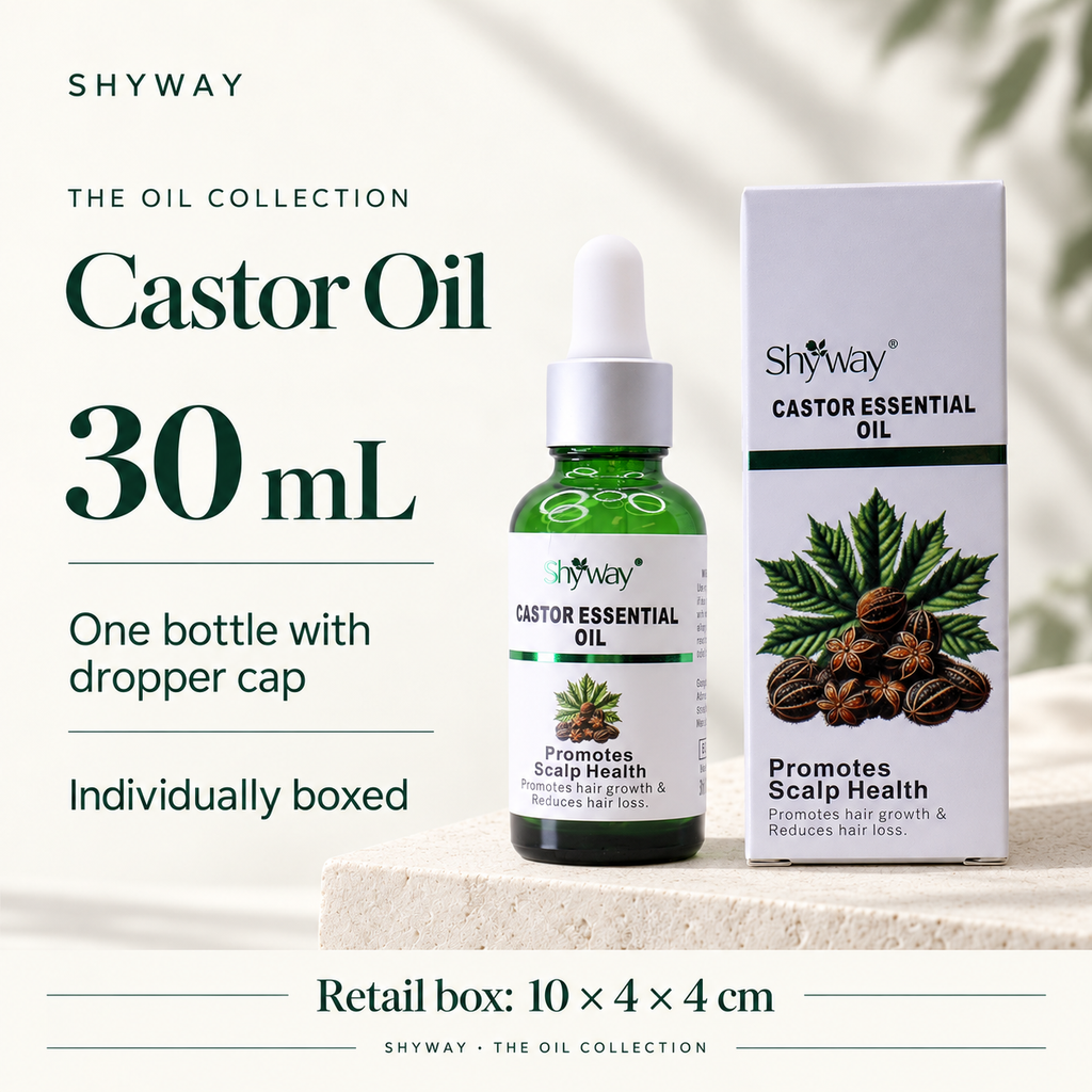 Olio di ricino SHYWAY: 30 ml, flacone contagocce e cartone per la vendita al dettaglio 10 x 4 x 4 cm