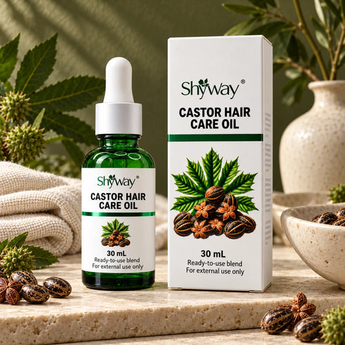 SHYWAY castor Hair Care Oil, 30 mL ready-to-use blend — botanical setting; packaging design illustration