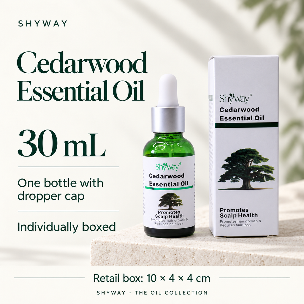 SHYWAY Cedarwood Essential Oil: 30 mL, dråpeflaske og 10 x 4 x 4 cm detaljkartong