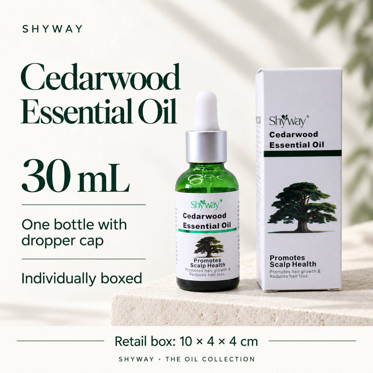 SHYWAY Cederhout etherische olie: 30 ml, druppelflesje en 10 x 4 x 4 cm doos