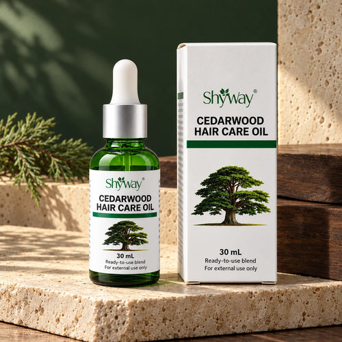 SHYWAY cedarwood Hair Care Oil, 30 mL ready-to-use blend — botanical setting; packaging design illustration