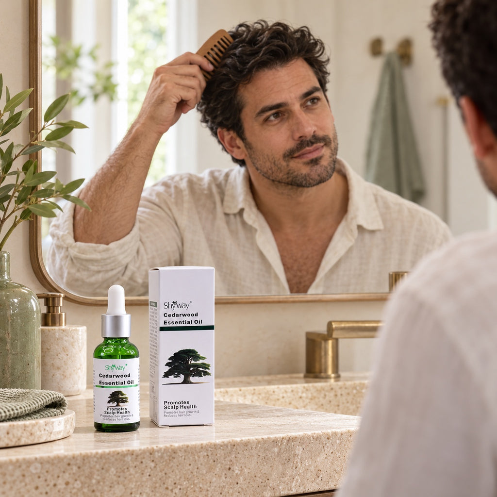 Illustrativ pleiescene med SHYWAY Cedarwood Essential Oil-flaske og kartong på et servant