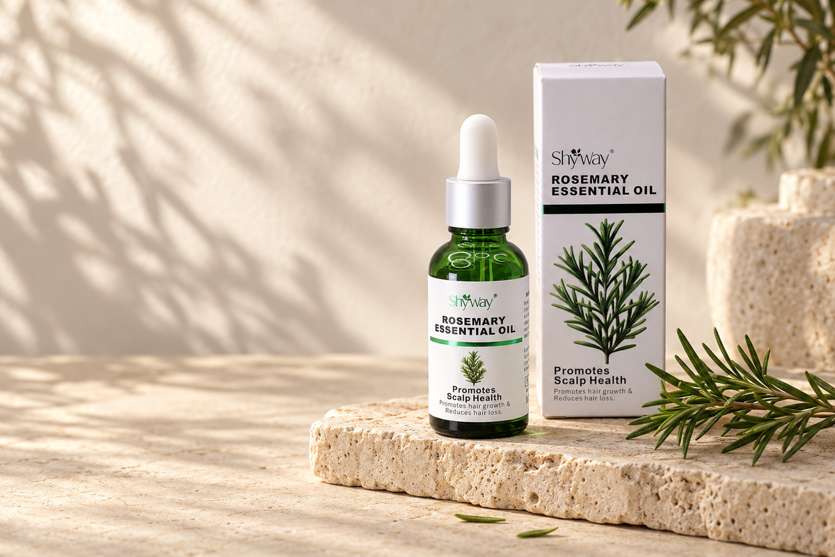 SHYWAY Rosemary oil and carton on travertine with soft botanical shadows