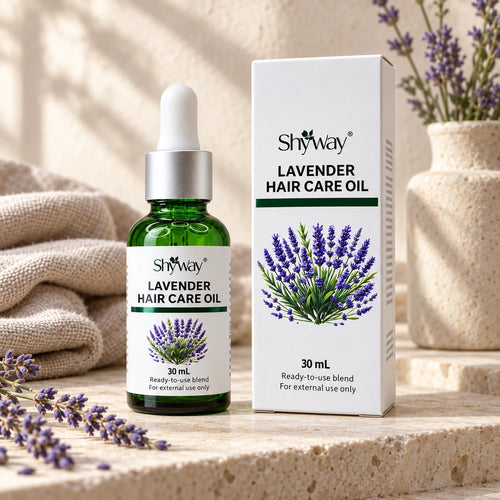 SHYWAY lavender Hair Care Oil, 30 mL ready-to-use blend — botanical setting; packaging design illustration
