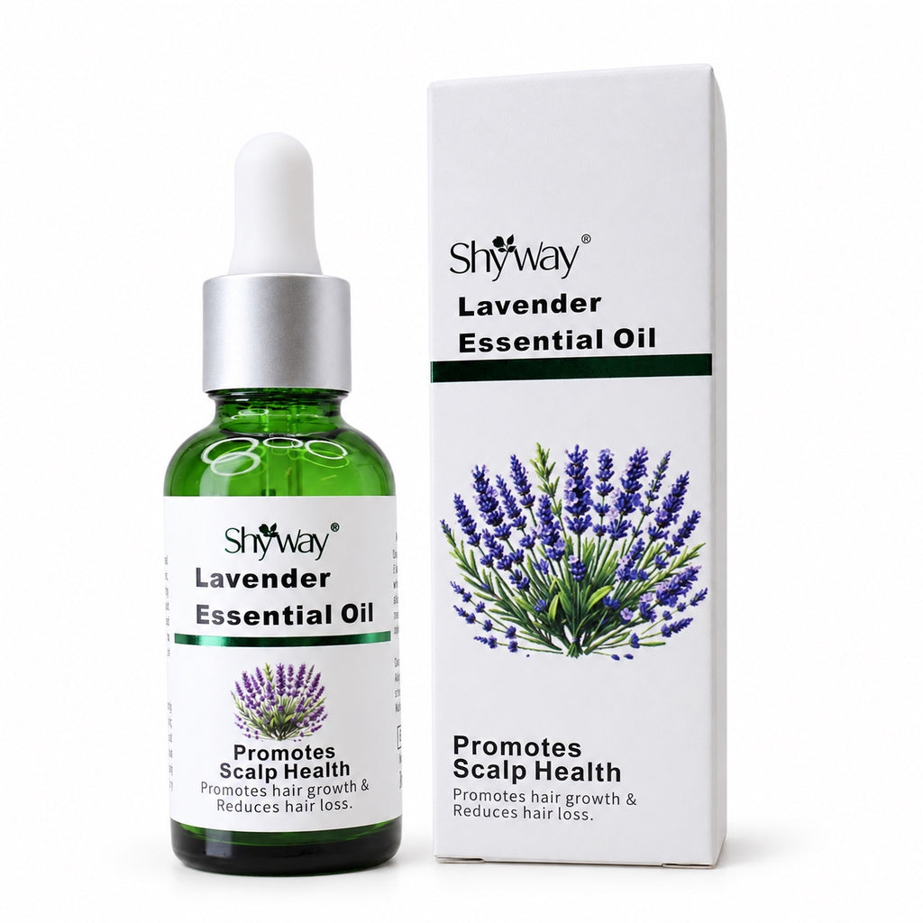 SHYWAY Lavender Essential Oil botol 30 mL dan karton dengan latar belakang studio putih
