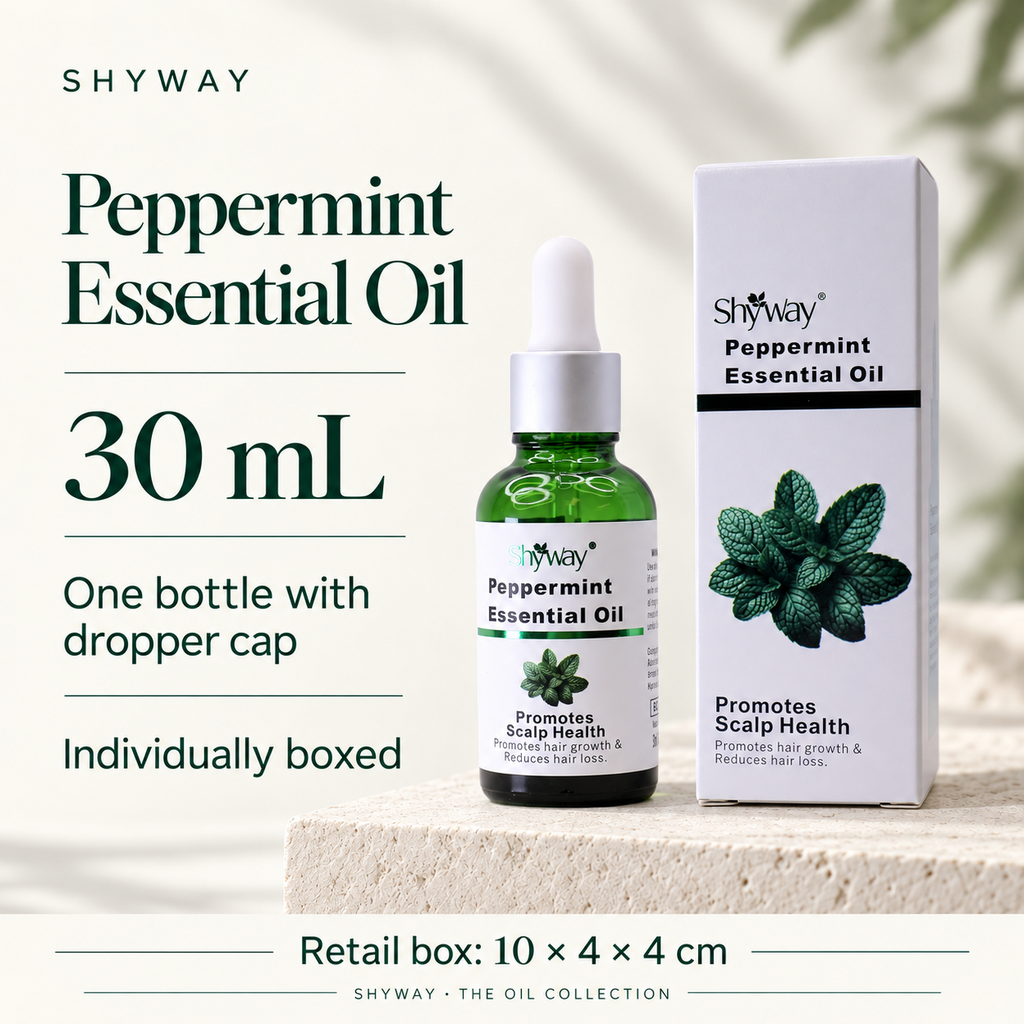 Óleo essencial de hortelã-pimenta SHYWAY: 30 mL, frasco conta-gotas e caixa de venda a retalho de 10 x 4 x 4 cm