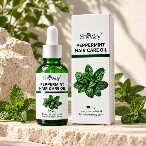 SHYWAY peppermint Hair Care Oil, 30 mL ready-to-use blend — botanical setting; packaging design illustration