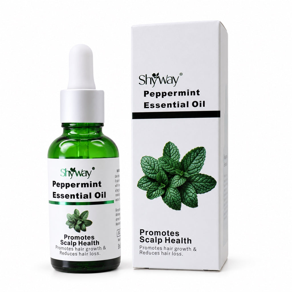 Frasco e caixa de óleo essencial de hortelã-pimenta SHYWAY de 30 mL sobre fundo de estúdio branco