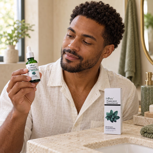 Escena ilustrativa de estilo de vida: modelo adulta sosteniendo un frasco cerrado de aceite esencial de menta SHYWAY.