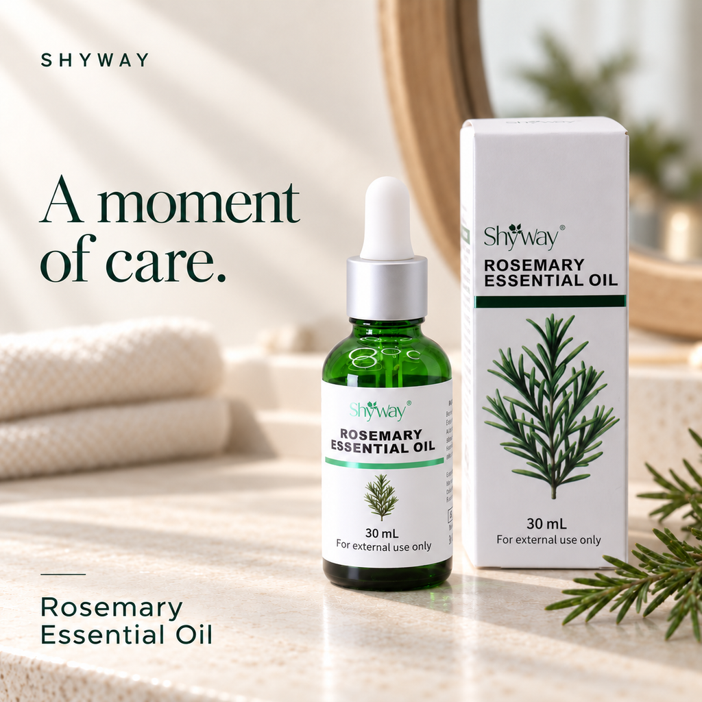 Illustrative SHYWAY Rosemary Essential Oil 30 mL scene with updated neutral labels