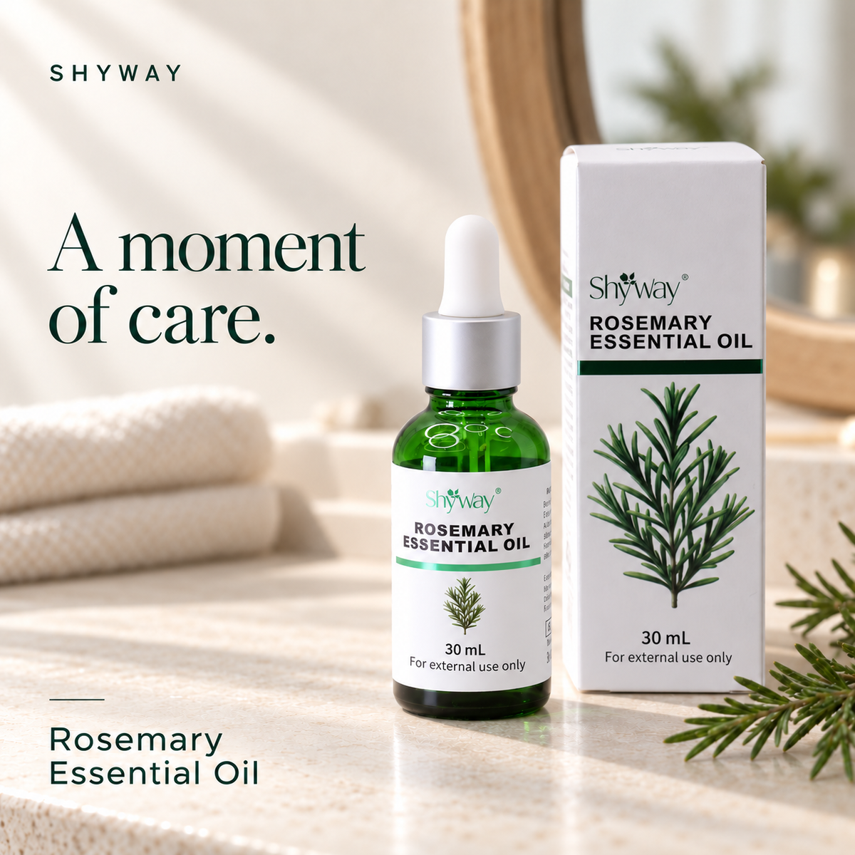 Illustrative SHYWAY Rosemary Essential Oil 30 mL scene with updated neutral labels