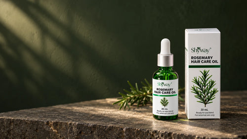 SHYWAY Rosemary Hair Care Oil and carton on stone in botanical light; styled packaging illustration