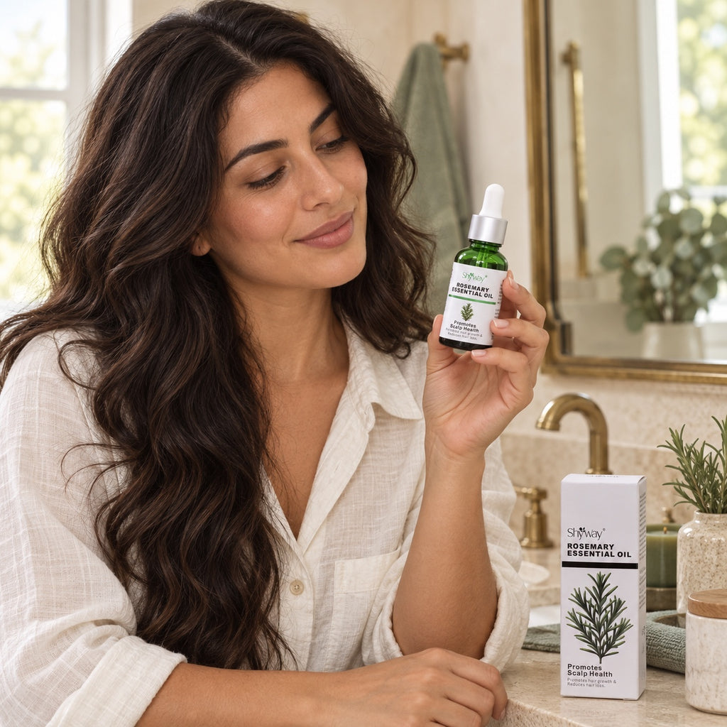 Illustrativ livsstilsscen: vuxenmodell som håller stängd SHYWAY Rosemary Essential Oil-flaska