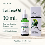 Óleo de Tea Tree SHYWAY: 30 mL, frasco conta-gotas e caixa de varejo de 10 x 4 x 4 cm