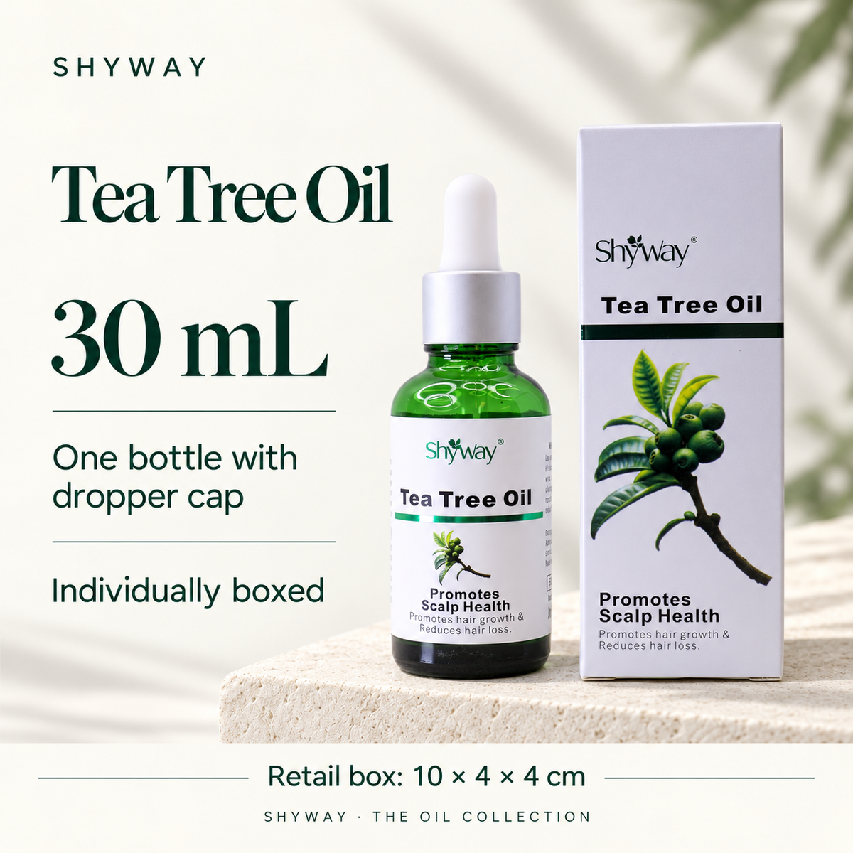 SHYWAY Tea Tree Oil: 30 mL, dråbeflaske og 10 x 4 x 4 cm detailkarton