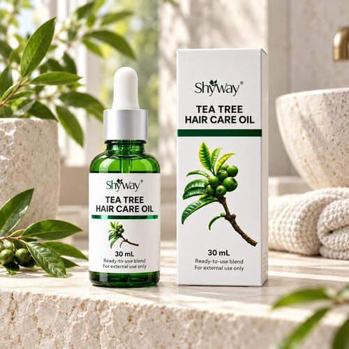 SHYWAY tea tree Hair Care Oil, 30 mL ready-to-use blend — botanical setting; packaging design illustration