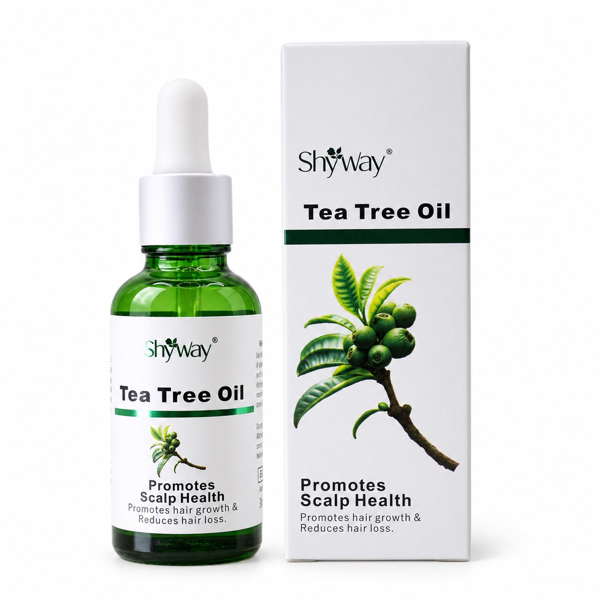 SHYWAY Tea Tree Oil 30 mL flaske og karton på en hvid studiebaggrund