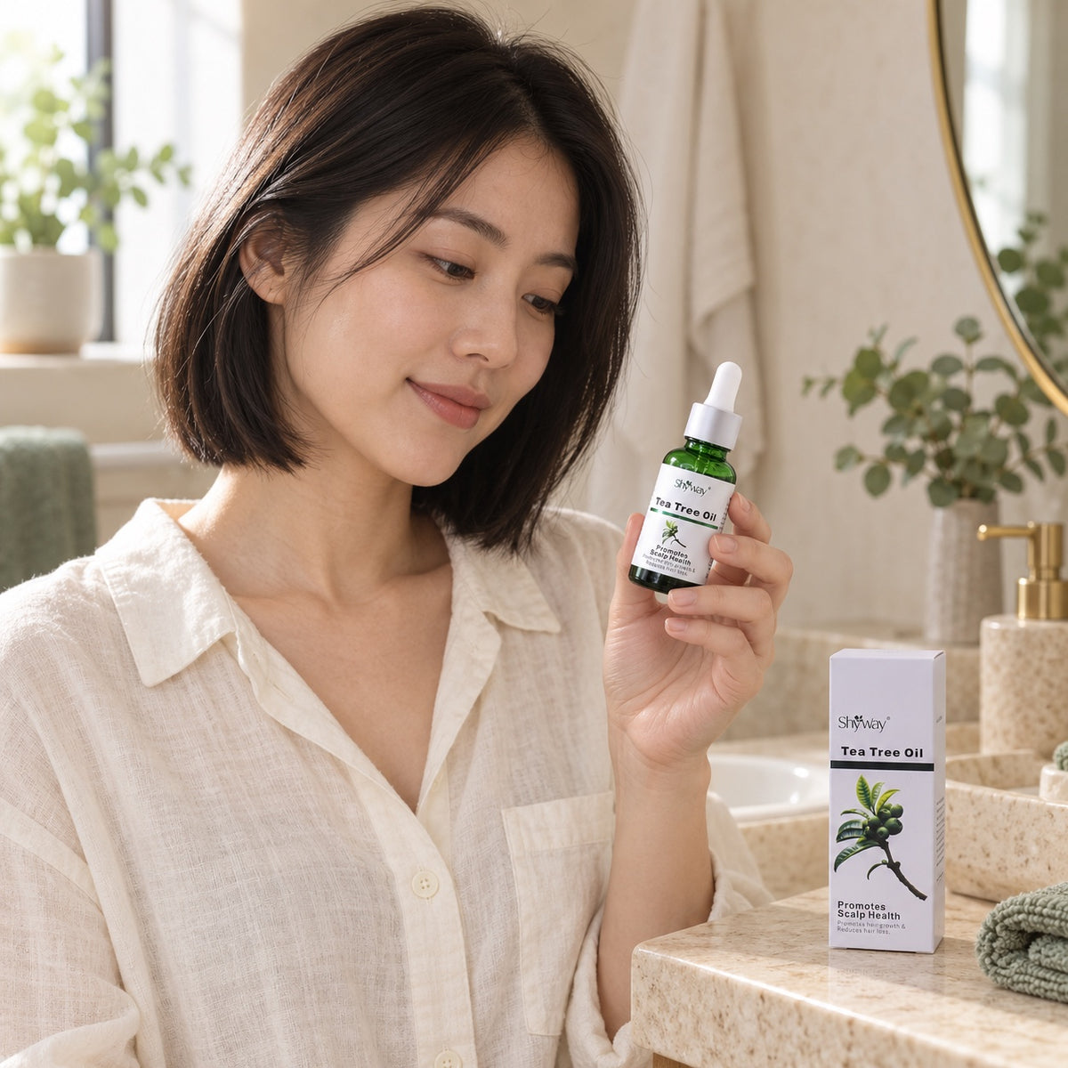 Illustrativ livsstilsscene: voksen model holder lukket SHYWAY Tea Tree Oil flaske