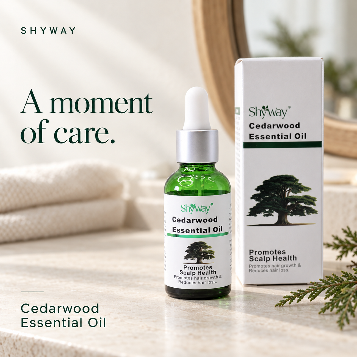 SHYWAY Cederhout Essentiële Olie – lifestyle-afbeelding op een bleke stenen ijdelheid