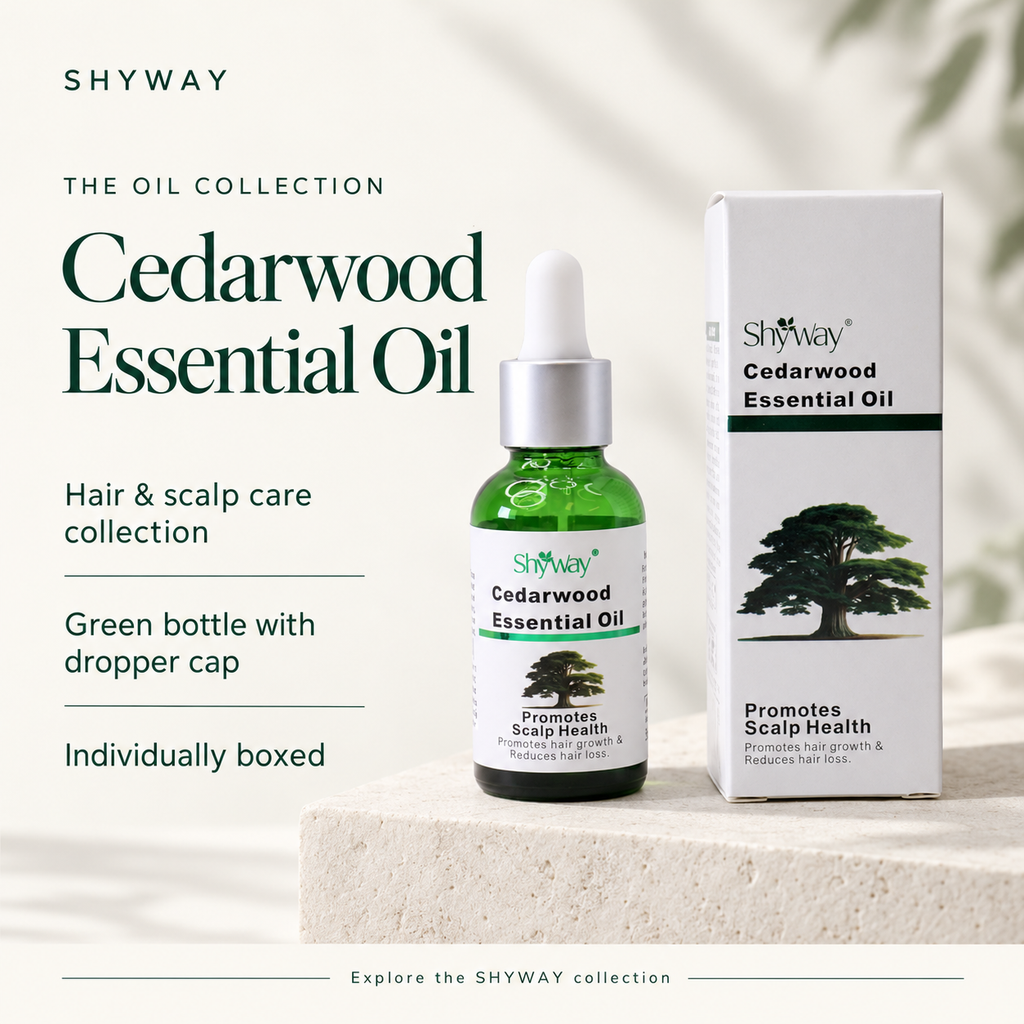 SHYWAY Cedarwood Essential Oil — produktintroduksjon med engelsk tekst