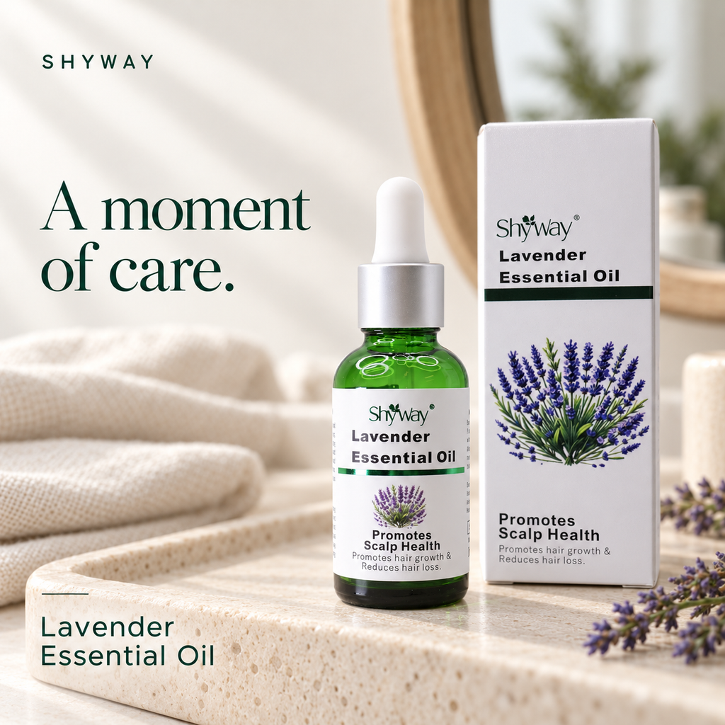 SHYWAY Lavender Essential Oil — gambaran gaya hidup di atas meja rias batu pucat