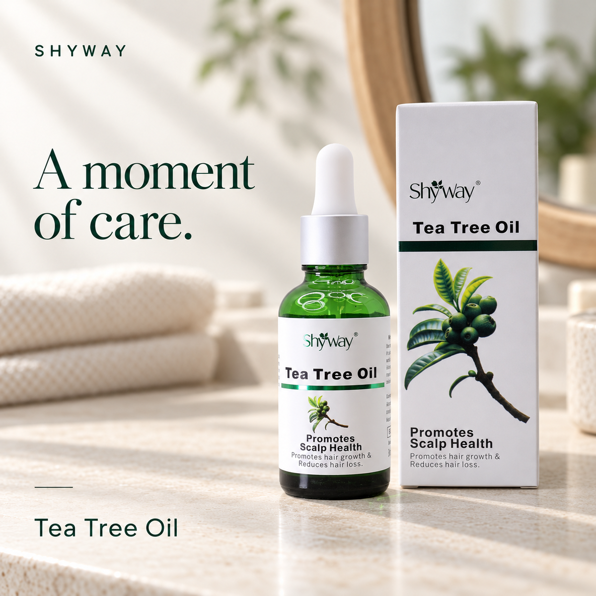 SHYWAY Tea Tree Oil — livsstilsbillede på en bleg stenforfængelighed