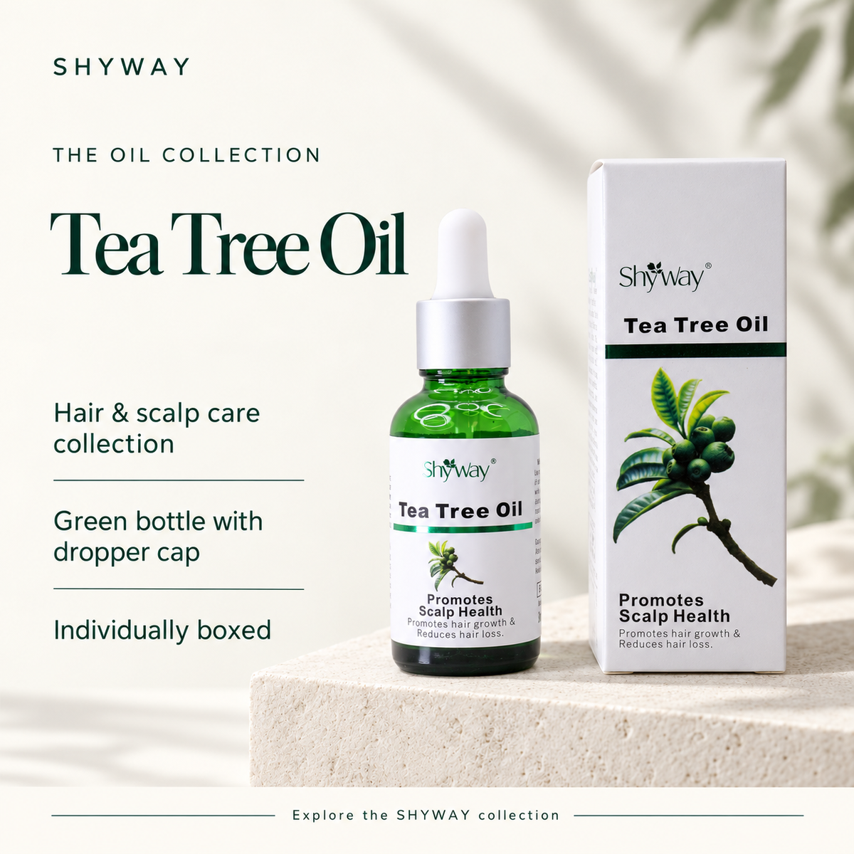 SHYWAY Tea Tree Oil - introdução do produto com texto em inglês