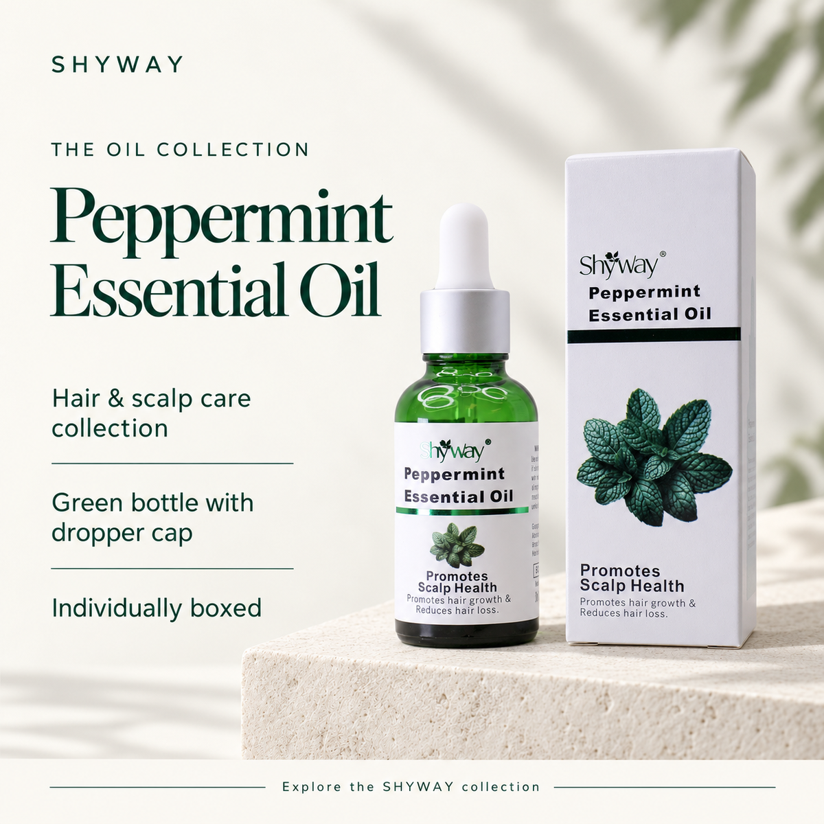 Óleo essencial de hortelã-pimenta SHYWAY - introdução do produto com texto em inglês