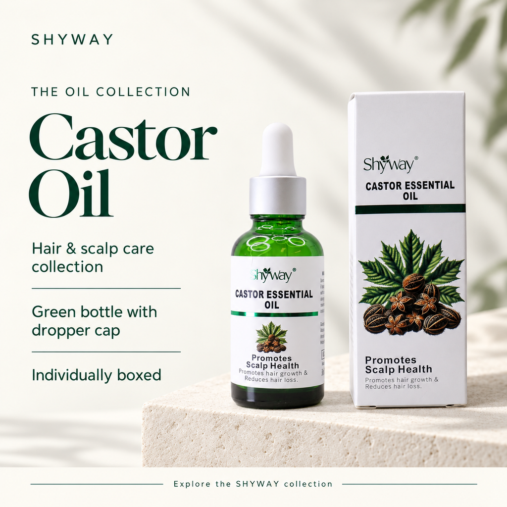SHYWAY Castor Oil: presentazione del prodotto con testo in inglese