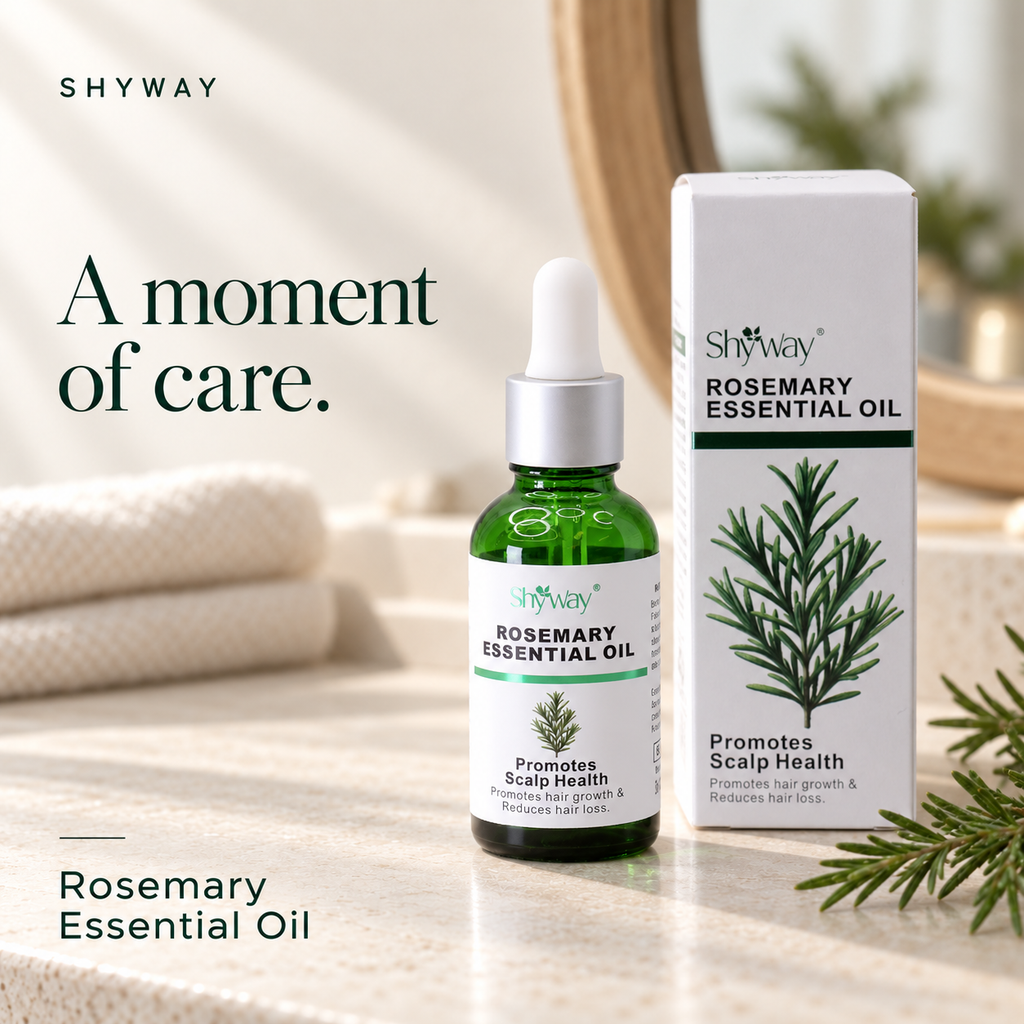 SHYWAY Rosemary Essential Oil — livsstilsbild på en blek sten fåfänga