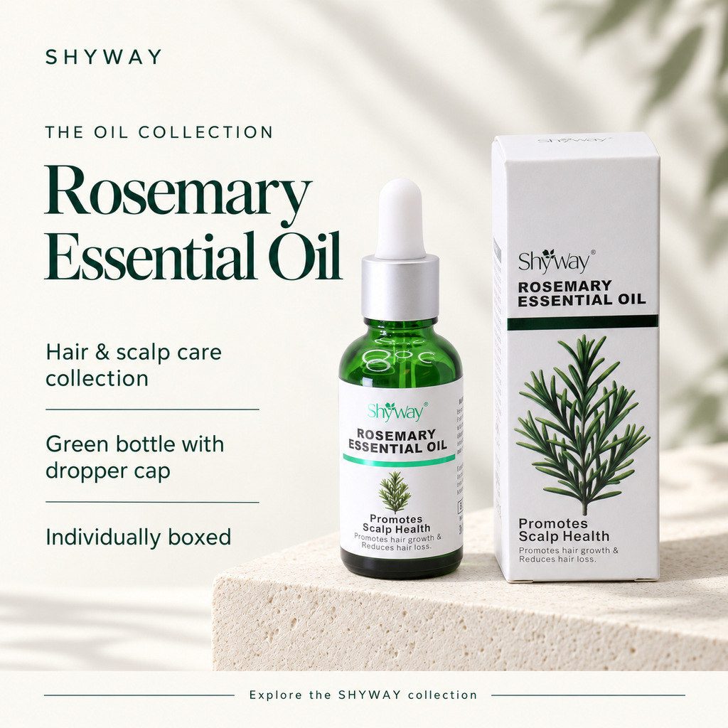 SHYWAY Rosemary Essential Oil — produktintroduktion med engelsk text