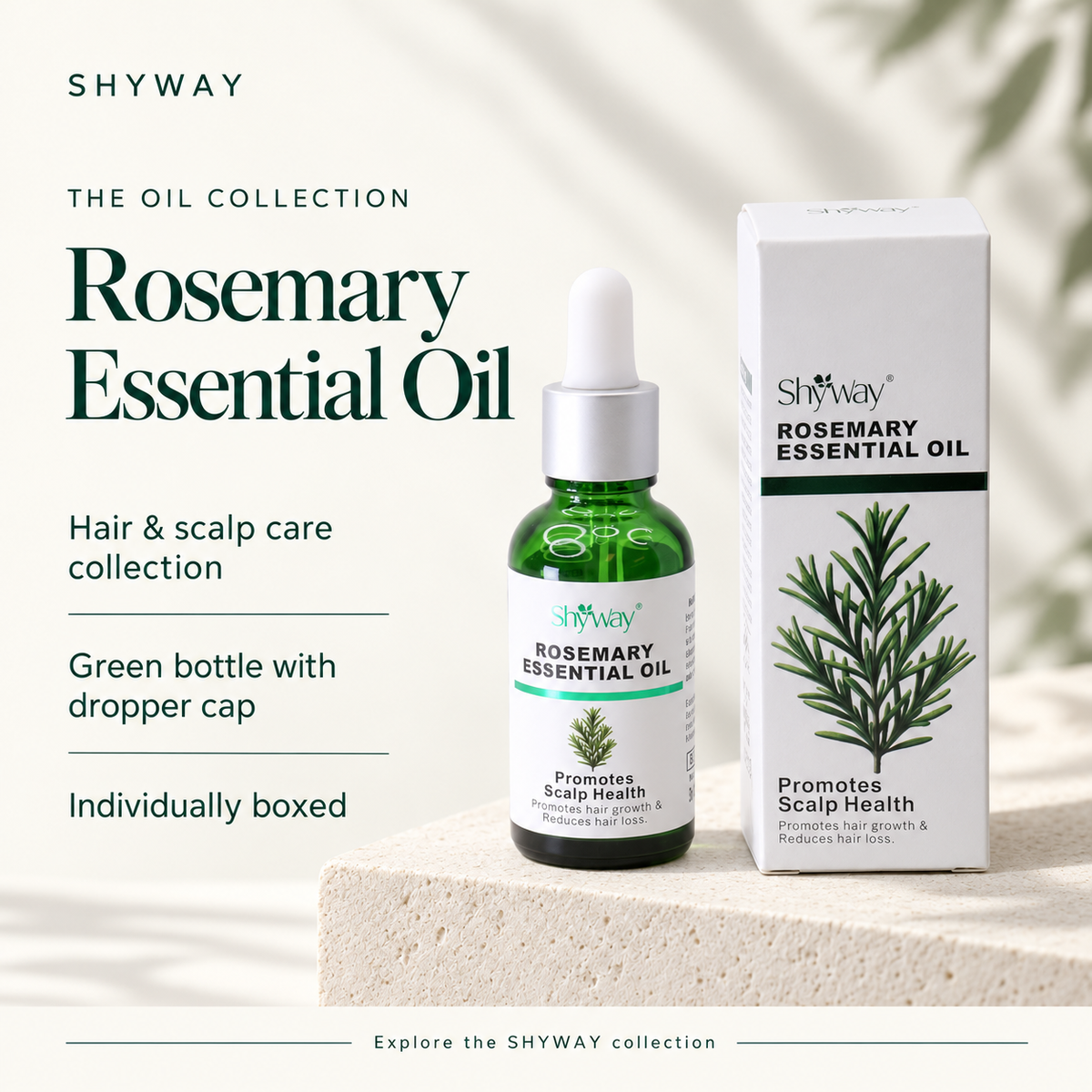 SHYWAY Rosemary Essential Oil — produktintroduktion med engelsk text